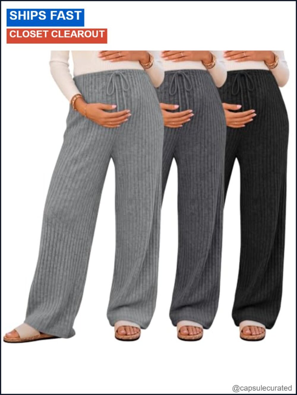 Maternity Ribbed Lounge Pants 3 Pack Wide Leg Drawstring Pockets